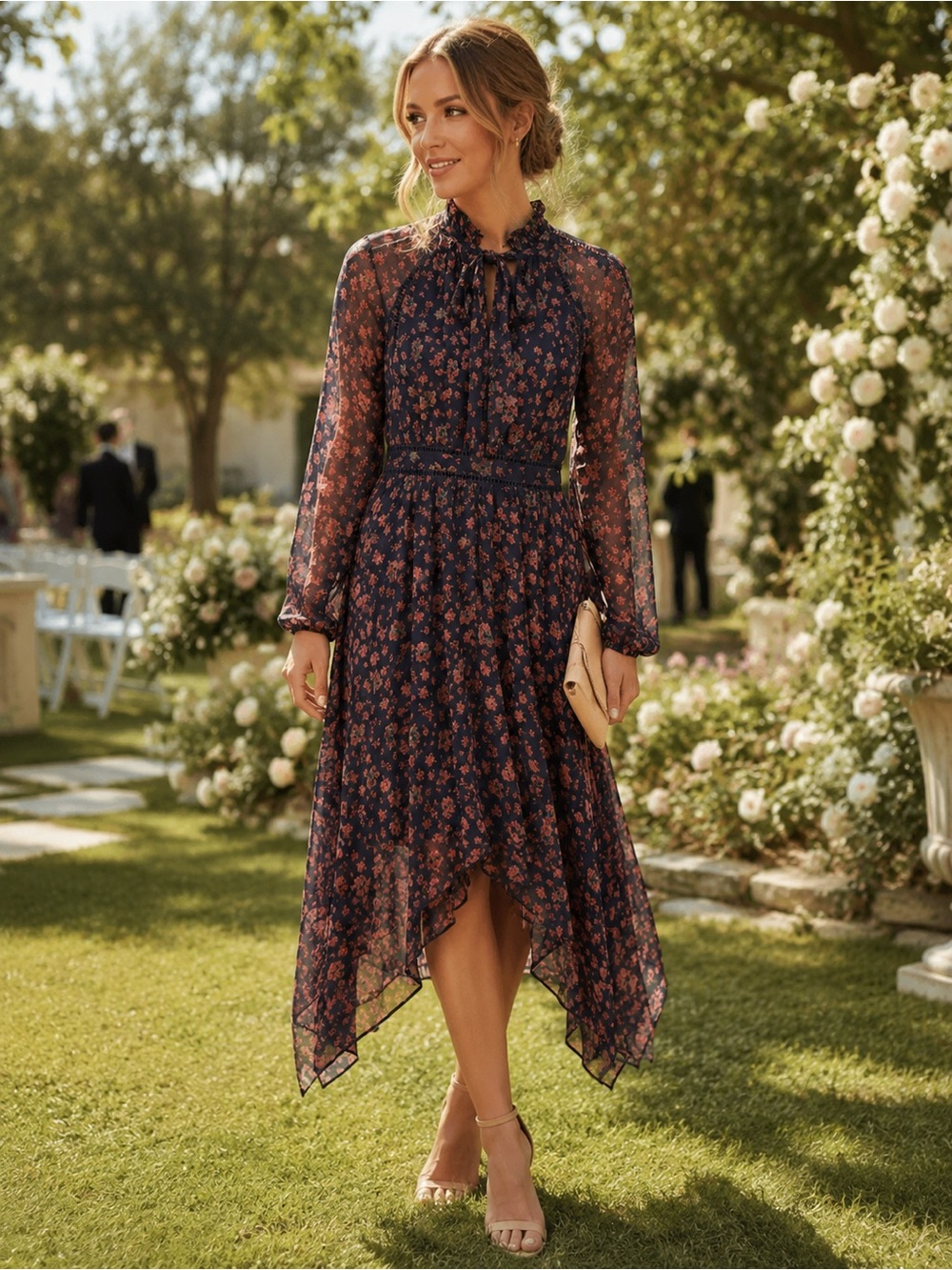 WALTER BAKER Floral Navy Pink Long Sleeve‎ Midi Dress 4